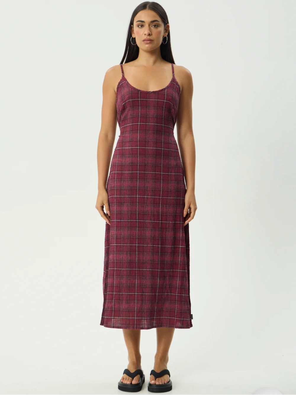Afends Women's Port Check Seersucker Midi Burgundy Plaid Slip Dress Medium